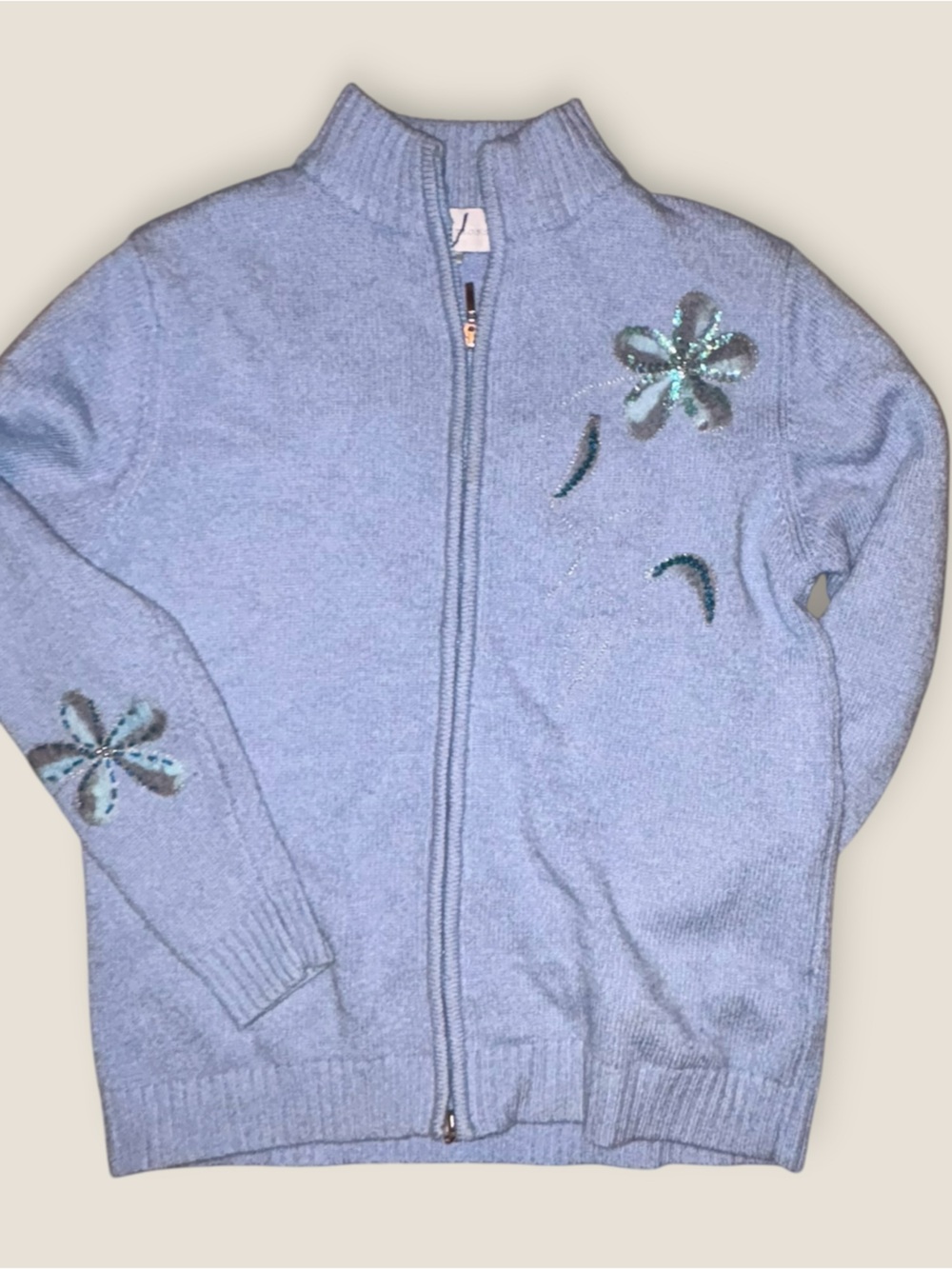 Vintage 90s Cottage Core Women’s Zip-Front Knit Cardigan with Sequin Florals